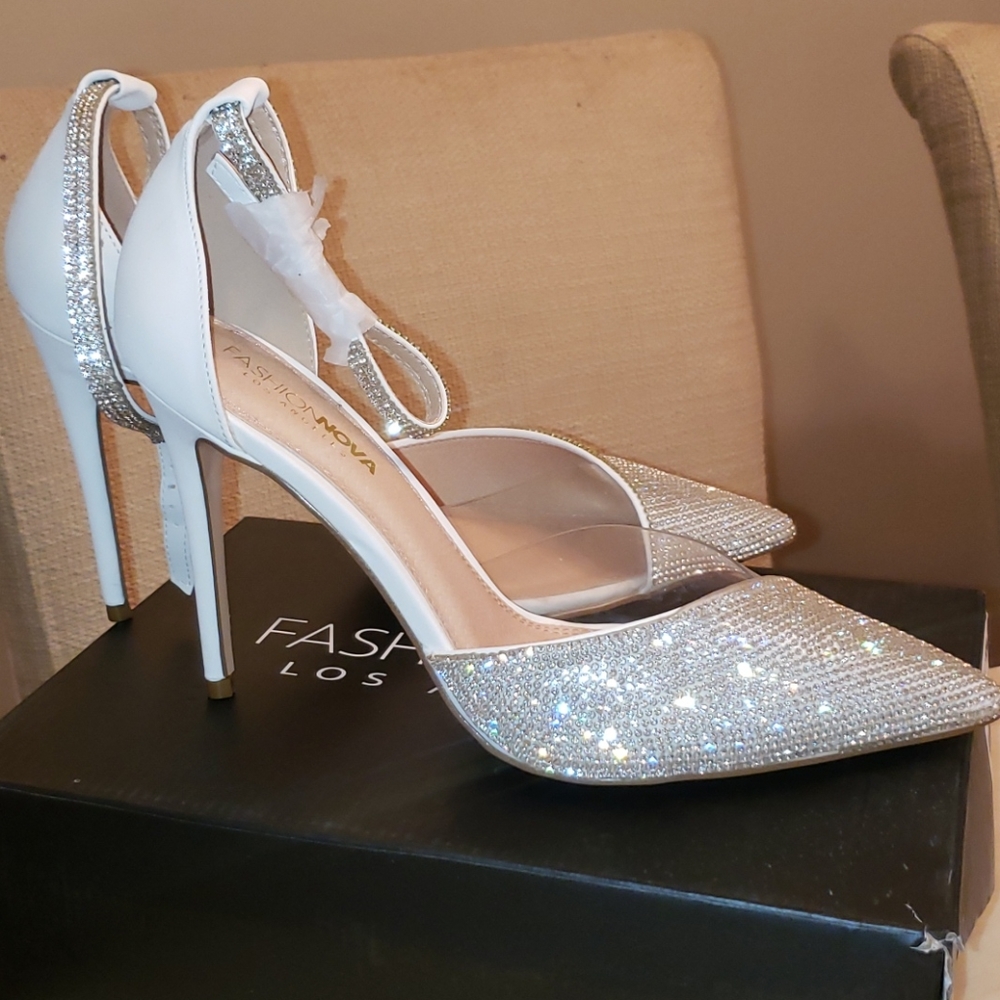 Fashion Nova Rhinestone white heels 11